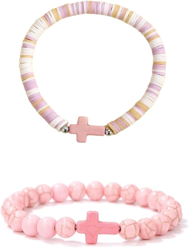 XAM 2Pcs Colorful Handmade Clay Stone Cross Beaded Bracelet for Men Women Inspirational Cross Fai... | Amazon (US)