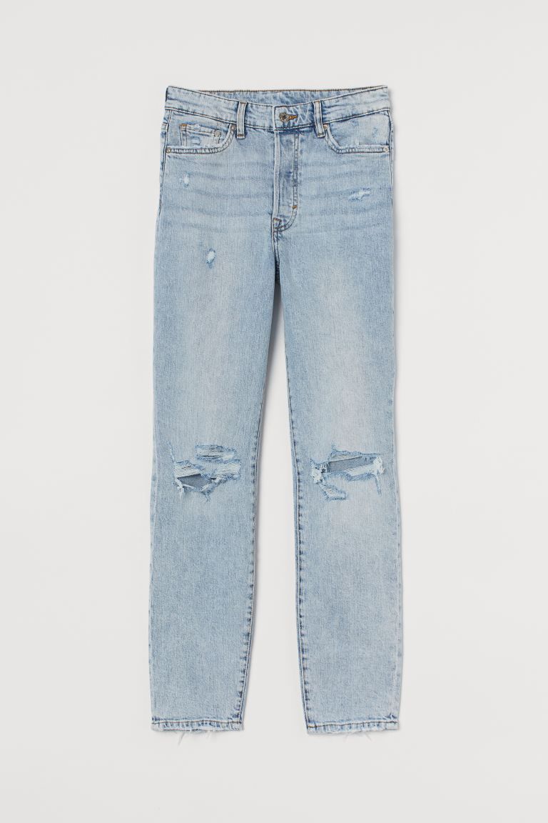 5-pocket, ankle-length jeans in washed stretch denim with heavily distressed details. Extra-high ... | H&M (US + CA)