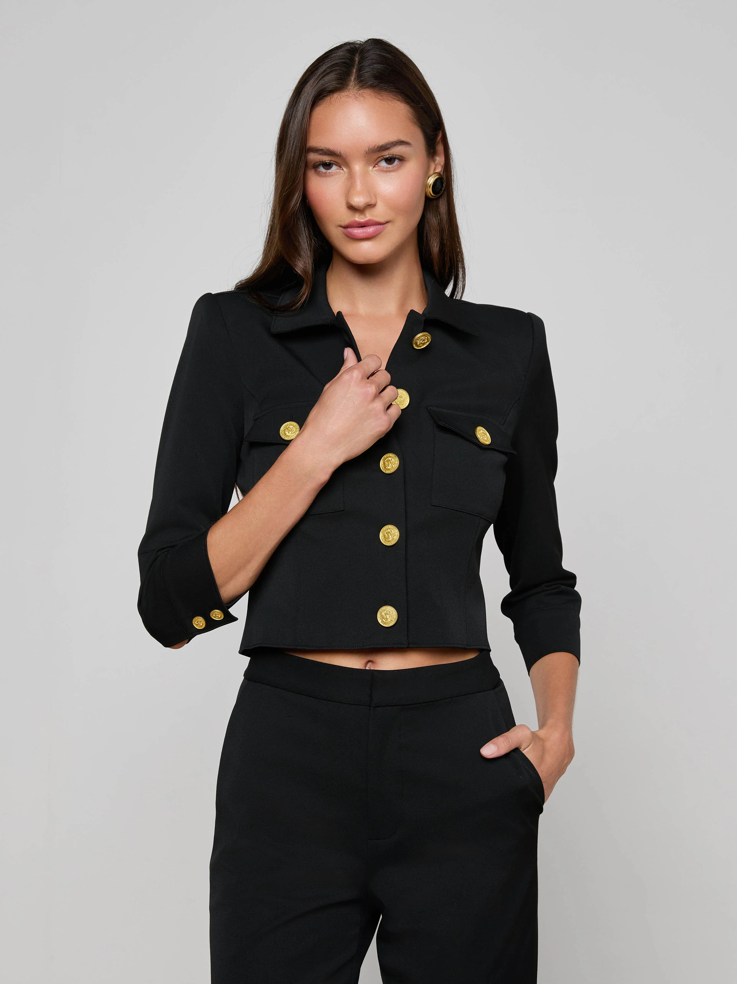 Kumi Cropped Jacket in Black/Gold Coin | L'AGENCE | L'Agence