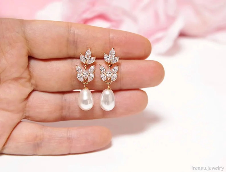 Bridal pearl earrings, Crystal rose gold earrings, Swarovski pearl earrings, wedding teardrop dan... | Etsy (US)