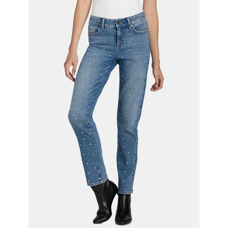 Time and Tru Women's All Over Front Studded Embellishment Straight Leg Jeans, 30” Inseam, Sizes... | Walmart (US)