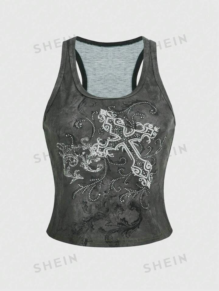 ROMWE Grunge Punk Tie Dye Cross Rhinestone Tank Top, School | SHEIN USA | SHEIN