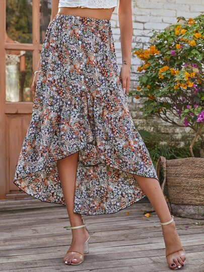 Ditsy Floral Print High Low Skirt | SHEIN