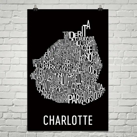 Charlotte NC Typography Neighborhood Map Art City Print, Charlotte Wall Art, Charlotte Art Poster, G | Etsy (US)