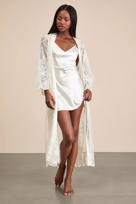 Leonor Ivory Satin Slip and Lace Robe Set | Lulus