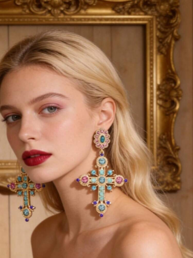 1 Pair Multi-Color Crystal Cross Earrings, Suitable For Daily Wear | SHEIN