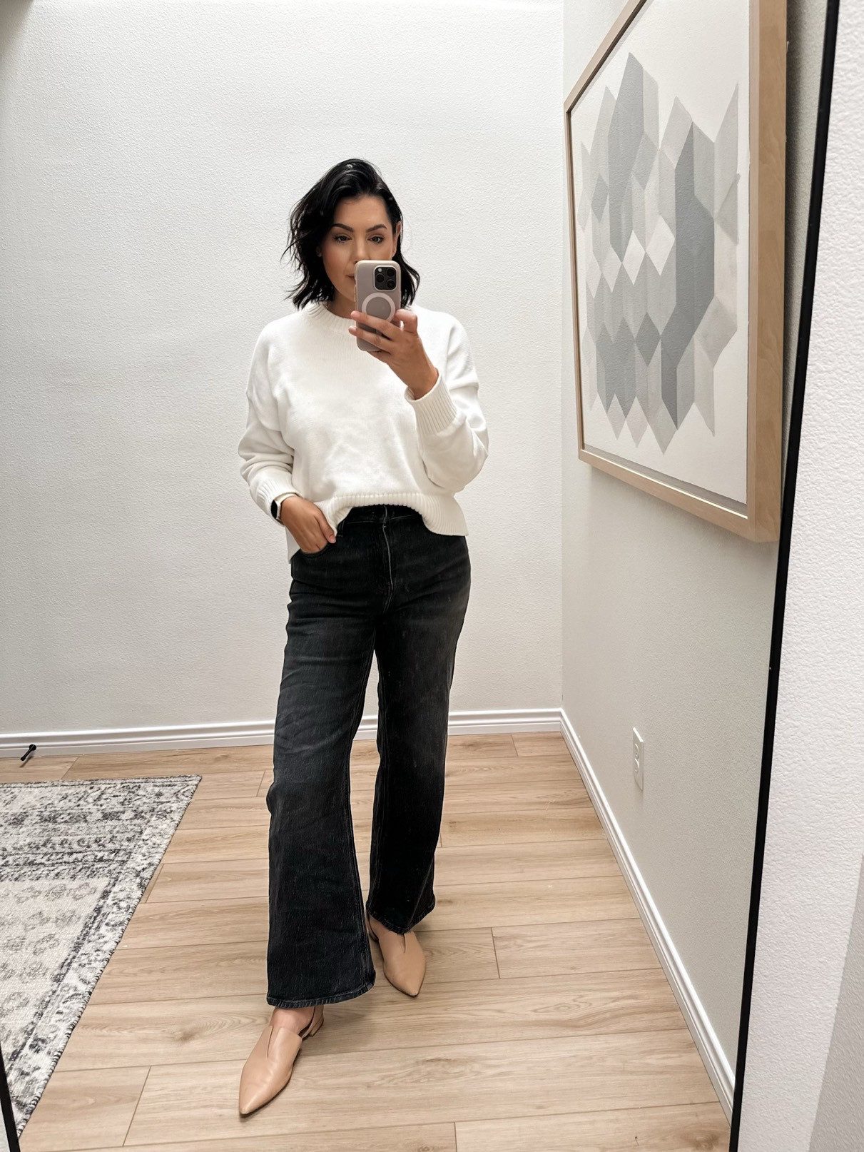 Last sweater for this one! This is the cotton crewneck sweater and it’s under $50! It’s a nice weight and I love it year round, really. It’s warm but because it’s cotton it’s not too heavy. 

I’m in the medium of the sweater, TTS relaxed. 

PS: this pair of jeans is Quince as well. I am in the 30, but after wearing / washing them I will say this pair does stretch with wear / over time. They fit just a bit big on me now, so I would say stay TTS and they’ll relaxed as you wear them.   

 