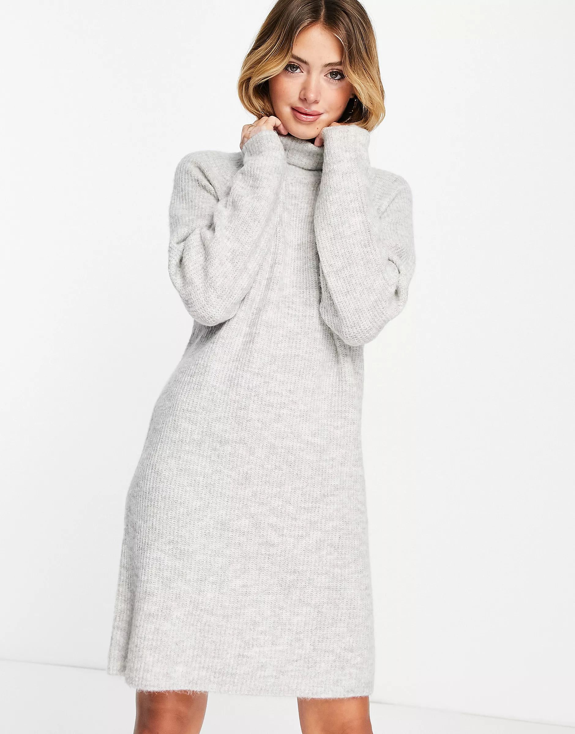 Pieces high neck knitted mini dress in light grey | ASOS (Global)