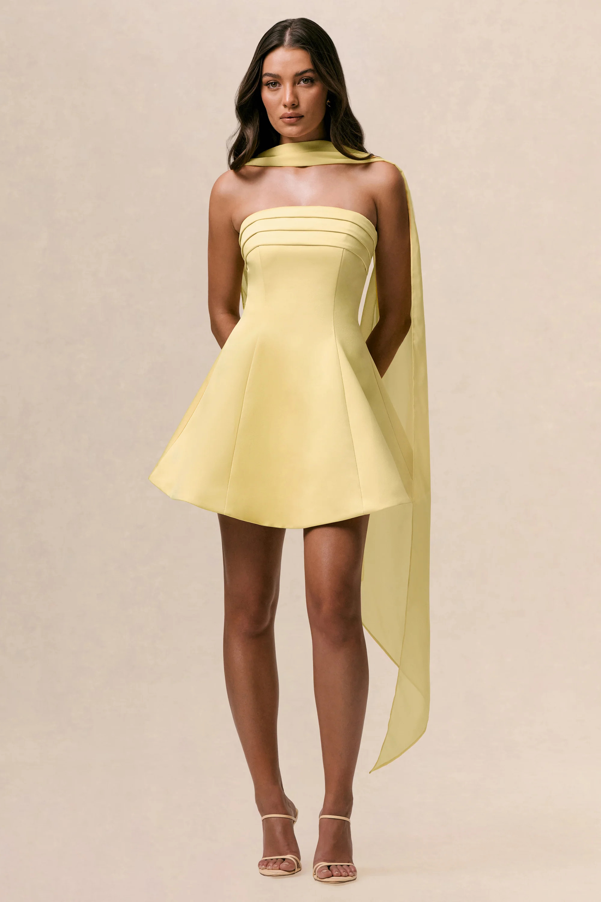 Love Me | Lemon Satin Skater Mini Dress With Chiffon Scarf | Club L London