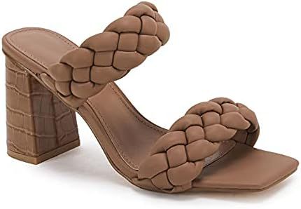 Womens Braided Heeled Sandals Backless Square Open Toe Block Strappy Slip On Slide Shoes | Amazon (US)