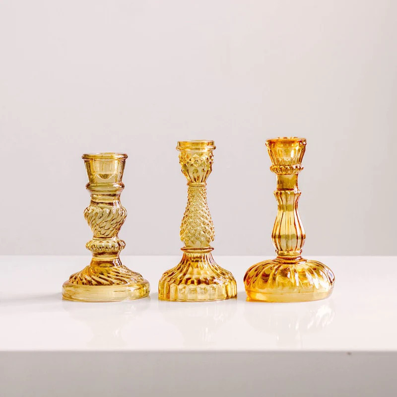 Amber Glass Taper Holder Set | Purple Rose Home