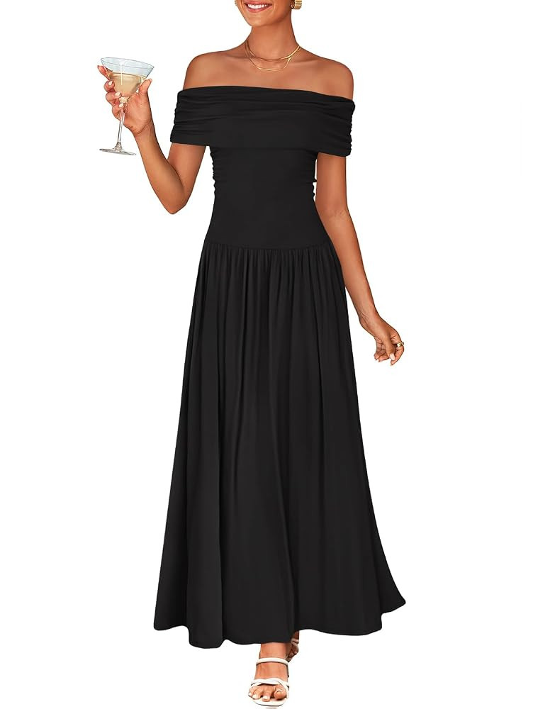 ZESICA Women's Off The Shoulder Maxi Dress 2025 Summer Sleeveless Casual Slim Swing Pleated Forma... | Amazon (US)