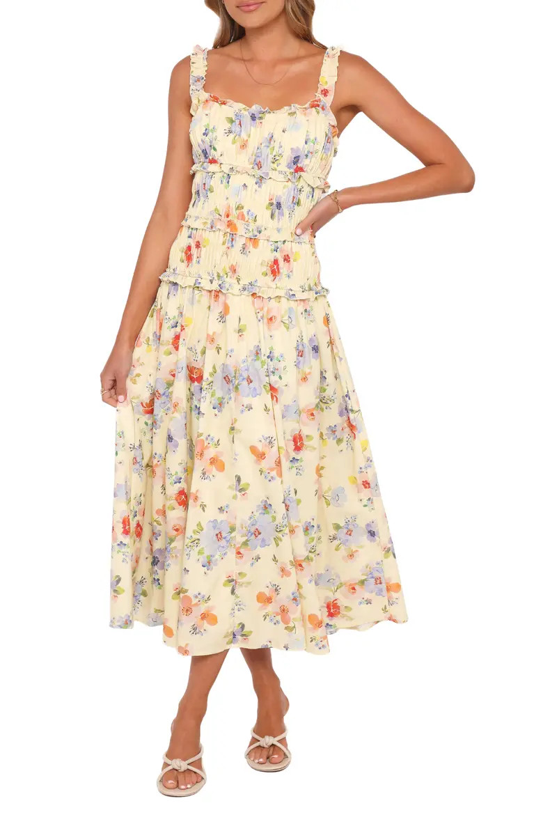 Enola Shirred Ruffle Trim Midi Dress (Women) | Nordstrom | Nordstrom