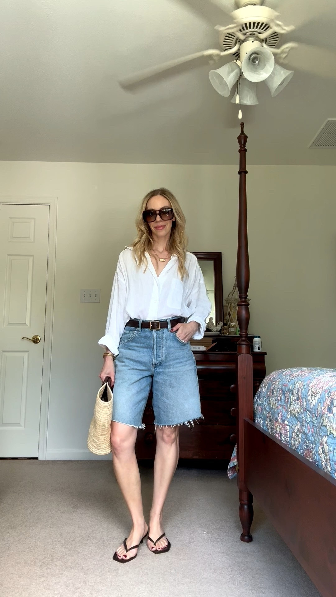 Summer outfit over 40, oversized linen shirt, denim bermuda shorts, kitten heel thong sandals, Le Tanneur straw tote bag

#LTKOver40 #LTKSeasonal #LTKSaleAlert