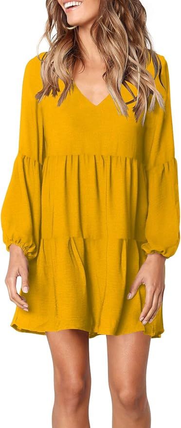 FOWSMON Women's Tunic Dress Cute Printed V Neck Long Sleeve Casual Swing Ruffle Dress | Amazon (US)