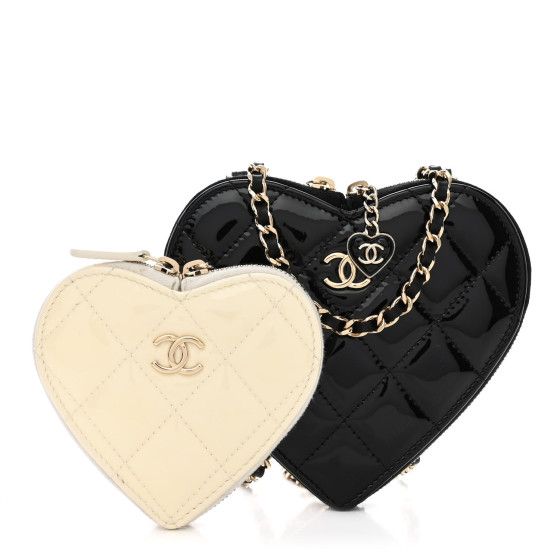 Patent Calfskin Resin Quilted CC Heart Clutch With Chain Black | FASHIONPHILE (US)