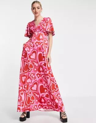 Twisted Wunder maxi dress with flutter sleeves in pink heart print | ASOS (Global)