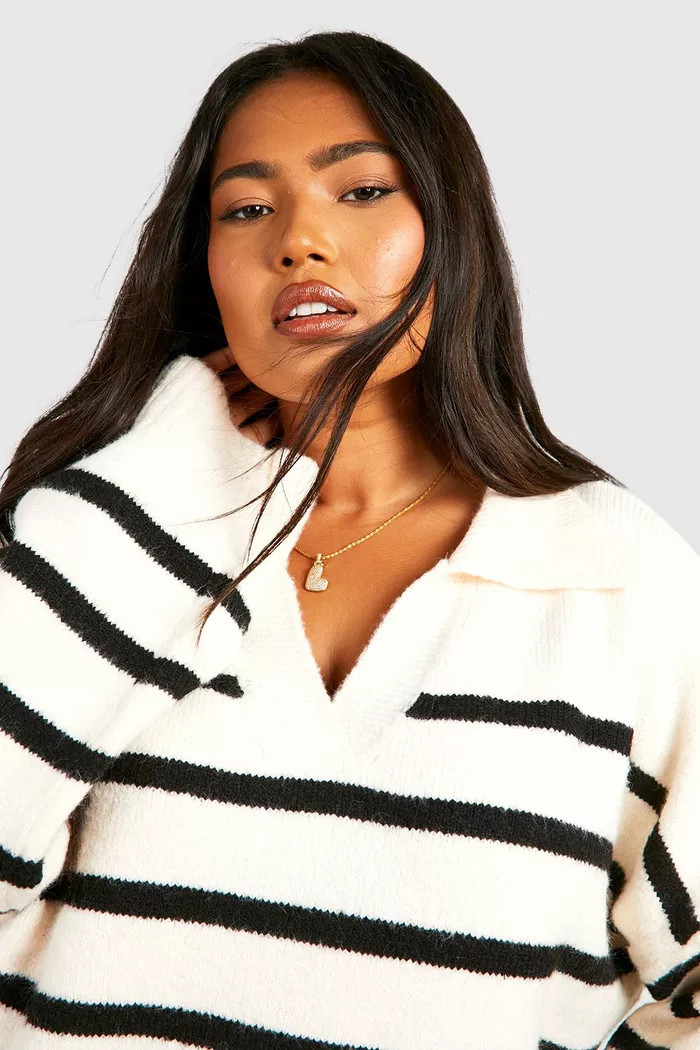 Plus Soft Knot Collar Stripe Sweater | boohoo (US & Canada)