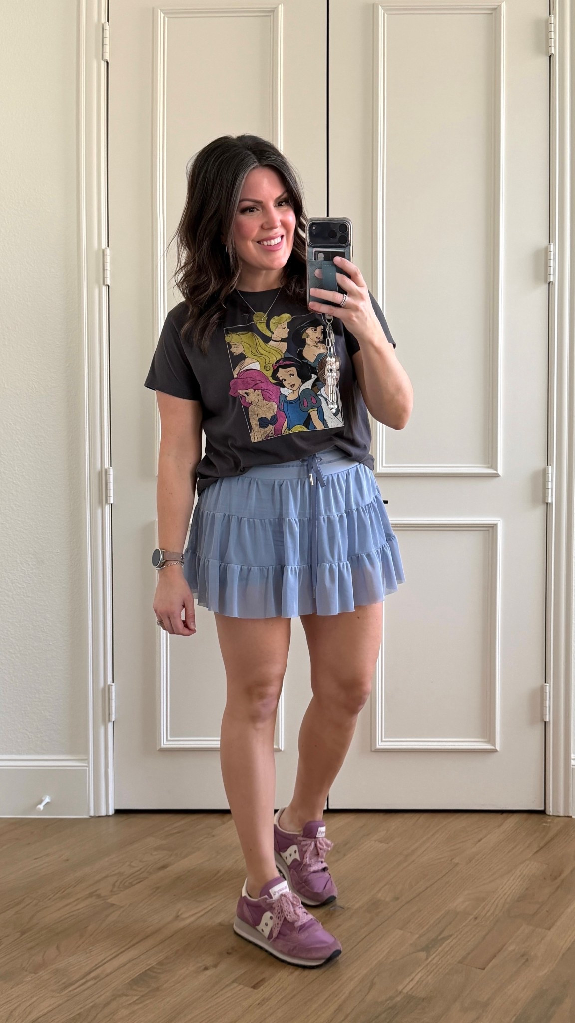 Sky blue skort from Amazon with built-in short shorts with pockets. Size up two it is very fitted in the waist. Old Disney shirt that I never would’ve thought I’d wear twice but it’s made it to Disney on ice and a number of kids birthday parties. Now we will wear it for the cruise that we are gearing up for. ￼

#disneymom #disneymomoutfit #hocsummer # naturalingenue #darksummer