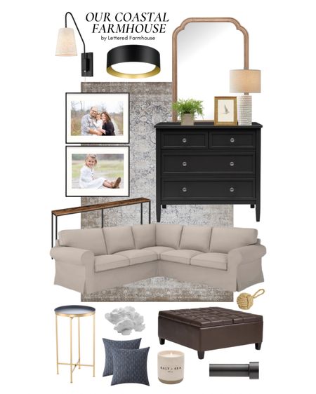 OUR COASTAL FARMHOUSE by LETTERED FARMHOUSE // Coastal style farmhouse resources 

ikea sectional / ektorp / ikea sectional uppland / rustic farmhouse / frames / sofa table / large area rug / boutique rugs / leather ottoman / living room lighting / juniper print shop / entry way styling / coral decor / salt candle #LTKFind #LTKunder50

#LTKhome