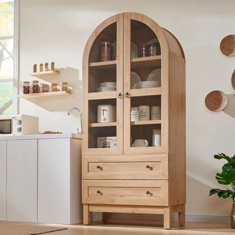 Aitjunz 71" Tall Arched Storage Cabinet with Glass Doors & 2 Drawers, Farmhouse Wood Pantry Cabin... | Walmart (US)