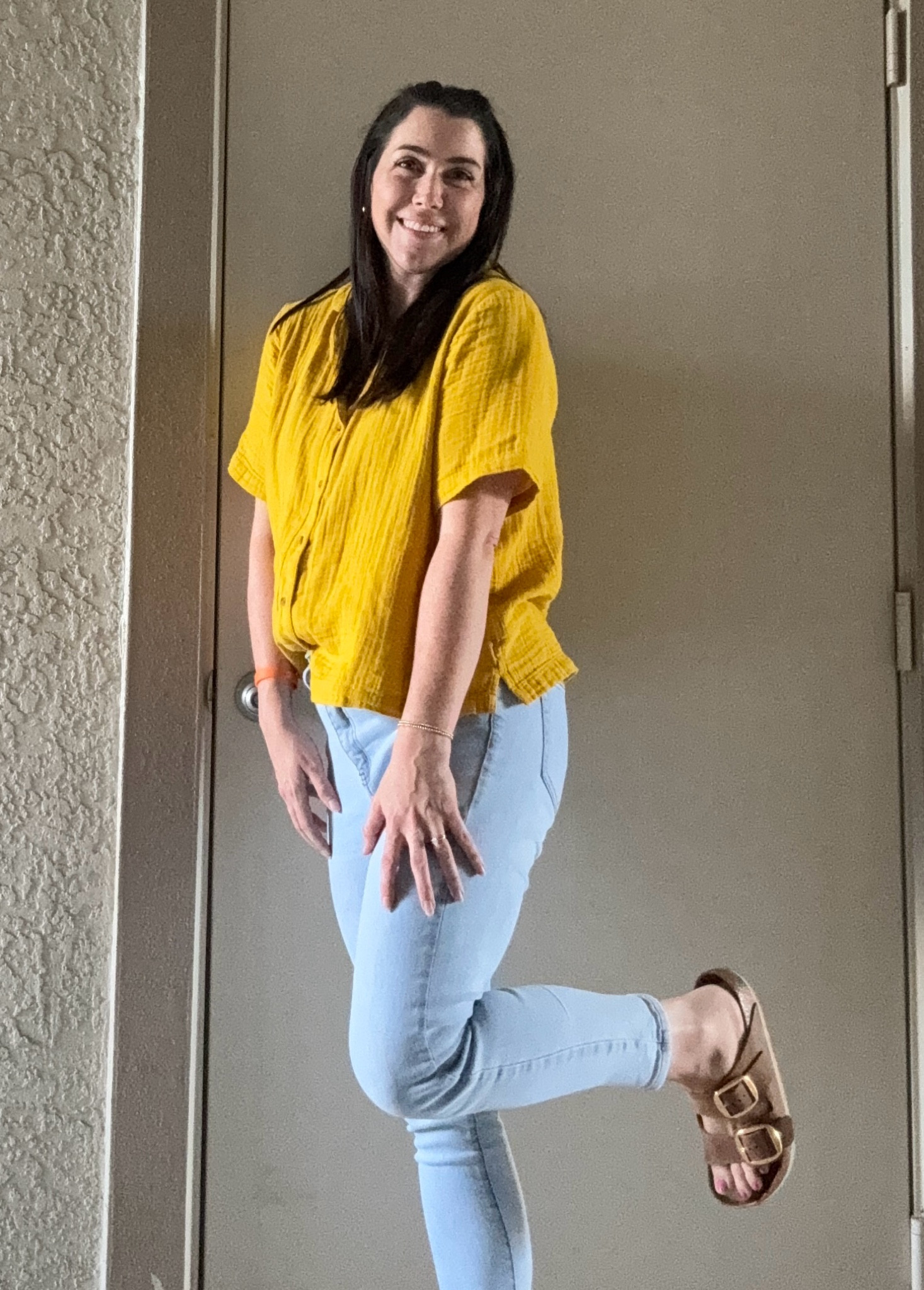 My outfit for the day! I love the color of this top and these sandals are my favorite right now! I wear them all the time with so many different outfits! 

#LTKSeasonal #LTKShoeCrush #LTKStyleTip