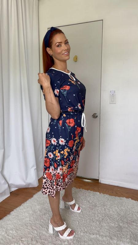 Floral Navy O neck summer dress outfit with white strap chunky heels | Wearing size small, dress is TTS. Summer fits | summer dress | summer outfit | summer dress outfit | summer outfit idea 

#LTKFindsUnder50 #LTKStyleTip #LTKVideo