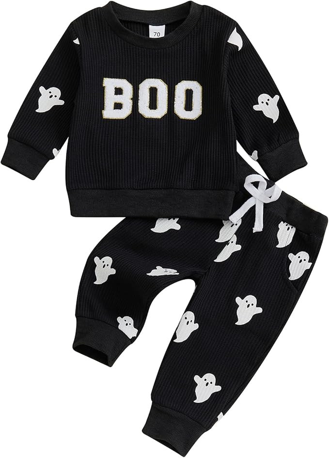 Toddler Boy Girl Halloween Outfit Embroidery Boo Crewneck Sweatshirt Ghost Pants Set Baby Fall Wi... | Amazon (US)