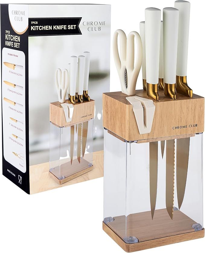 Stainless Steel 7 Piece White and Gold Knife Set with Block with Clear Display, Durable Knife Blo... | Amazon (US)