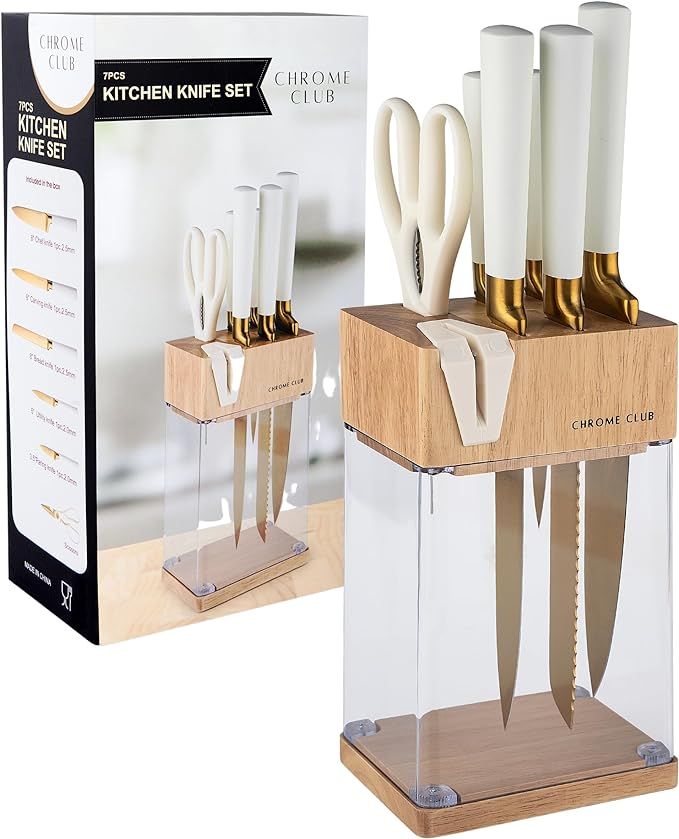 Stainless Steel 7 Piece White and Gold Knife Set with Block with Clear Display, Durable Knife Blo... | Amazon (US)