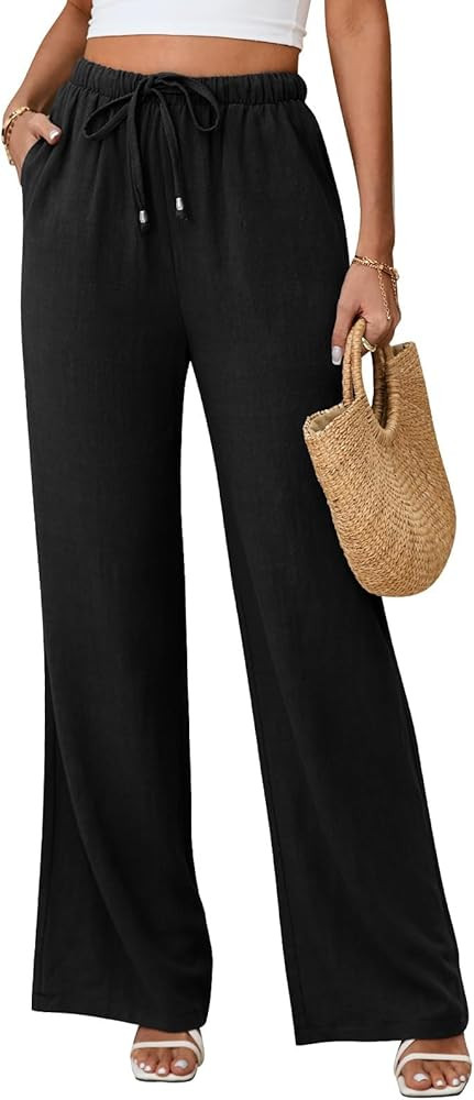 Linen Pants for Women Flowy Palazzo Pants Boho High Waist Wide Leg Trousers Summer Beach Vacation... | Amazon (US)