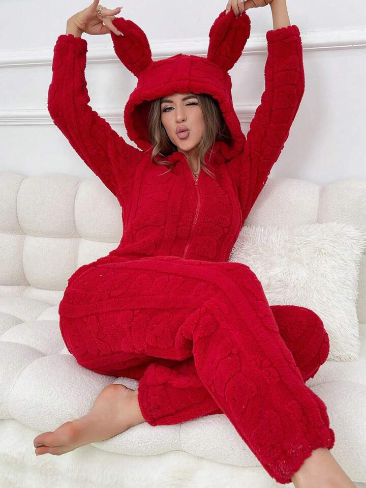 Women's Animal Ear Design Plush Pajamas | SHEIN