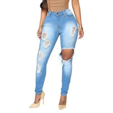 wendunide jeans for women Women s High Waist Soild Skinny Stretch Ripped Jeans Lifting Front Frayed  | Walmart (US)
