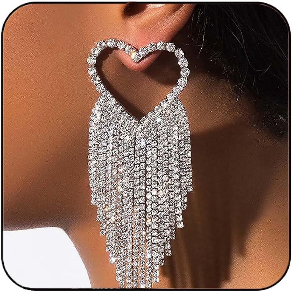 Earent Tassel Rhinestone Earrings Silver Dangling Long Chandelier Fringe Earring Sparkly Dangle Drop Earrings Vintage Wedding Prom Party Jewelry for Women | Amazon (US)