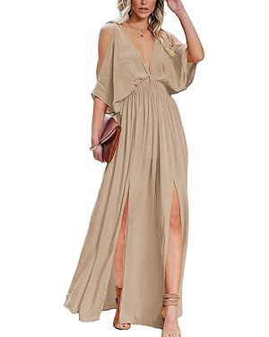 DEEP SELF Women Summer V Neck Cold Shoulder Short Sleeve Maxi Dress High Waist Split Wedding Gues... | Amazon (US)