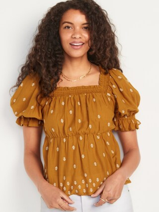 Puff-Sleeve Smocked Embroidered Babydoll Blouse for Women | Old Navy (US)