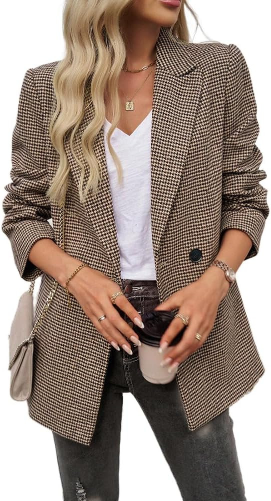 Womens Casual Blazer Open Front Lapel Houndstooth Jacket Blazers Bussiness Work Office Suits with Pockets | Amazon (US)