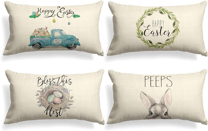 AVOIN Truck Rabbit Happy Easter Throw Pillow Cover, 12 x 20 Inch Nest Easter Egg Peeps Cushion Ca... | Amazon (US)