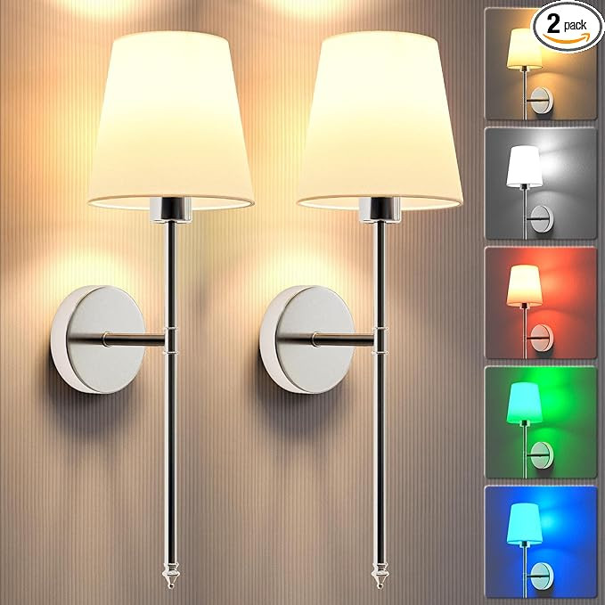 Wall Lights Battery Operated Wall Sconces Set of 2,Silver Wireless Wall Sconces with Remote,9 Col... | Amazon (US)