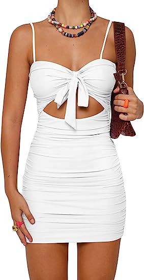 BORIFLORS Women's Sexy Bodycon Cut Out Ruched Backless Spaghetti Strap Mini Club Party Dresses | Amazon (US)