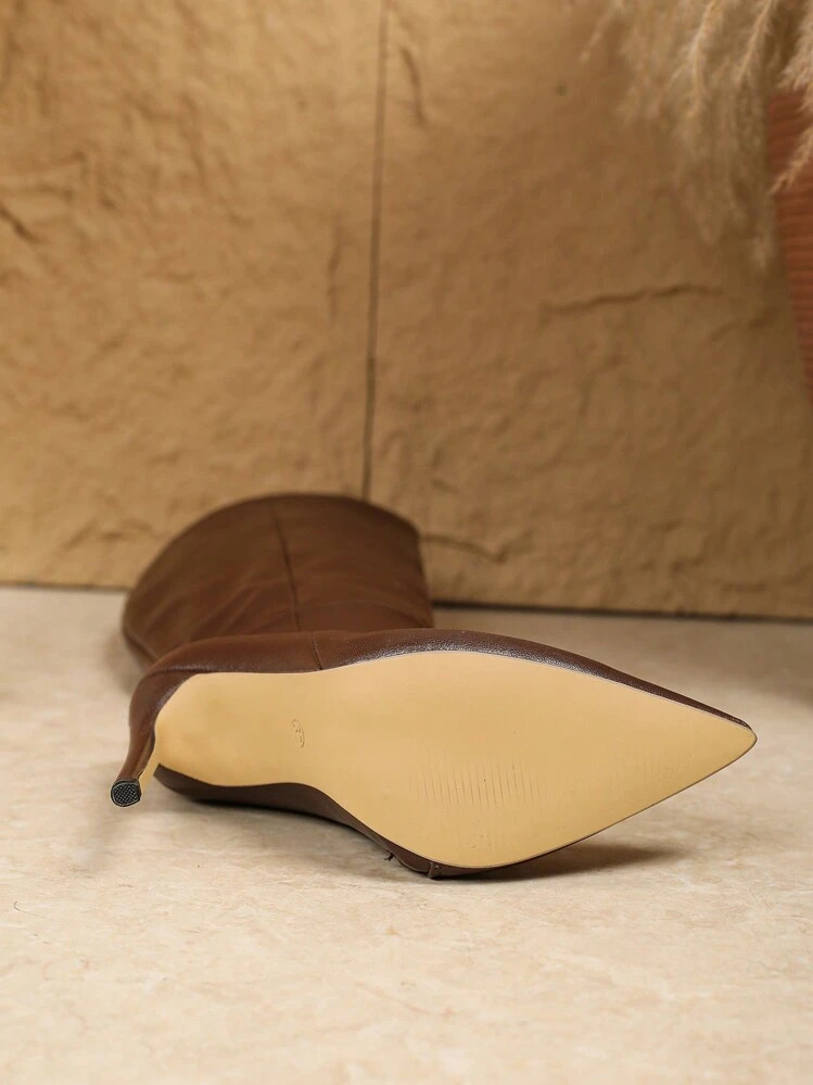 12cm Sexy & Fashionable Coffee Color Pointed Toe Side Zipper Casual Slim Fit Women's Knee-High Bo... | SHEIN