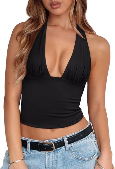 REORIA Women's Halter Tops Plunge Neck Backless Double Lined Sexy Going Out Crop Tops Summer Outf... | Amazon (US)