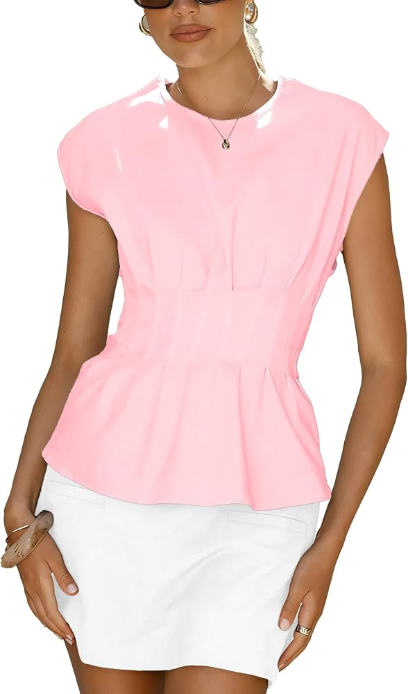 Women's Peplum Tops Short Sleeve Summer Blouses T-Shirts Dressy Casual Crew Neck Pleated Babydoll... | Amazon (US)