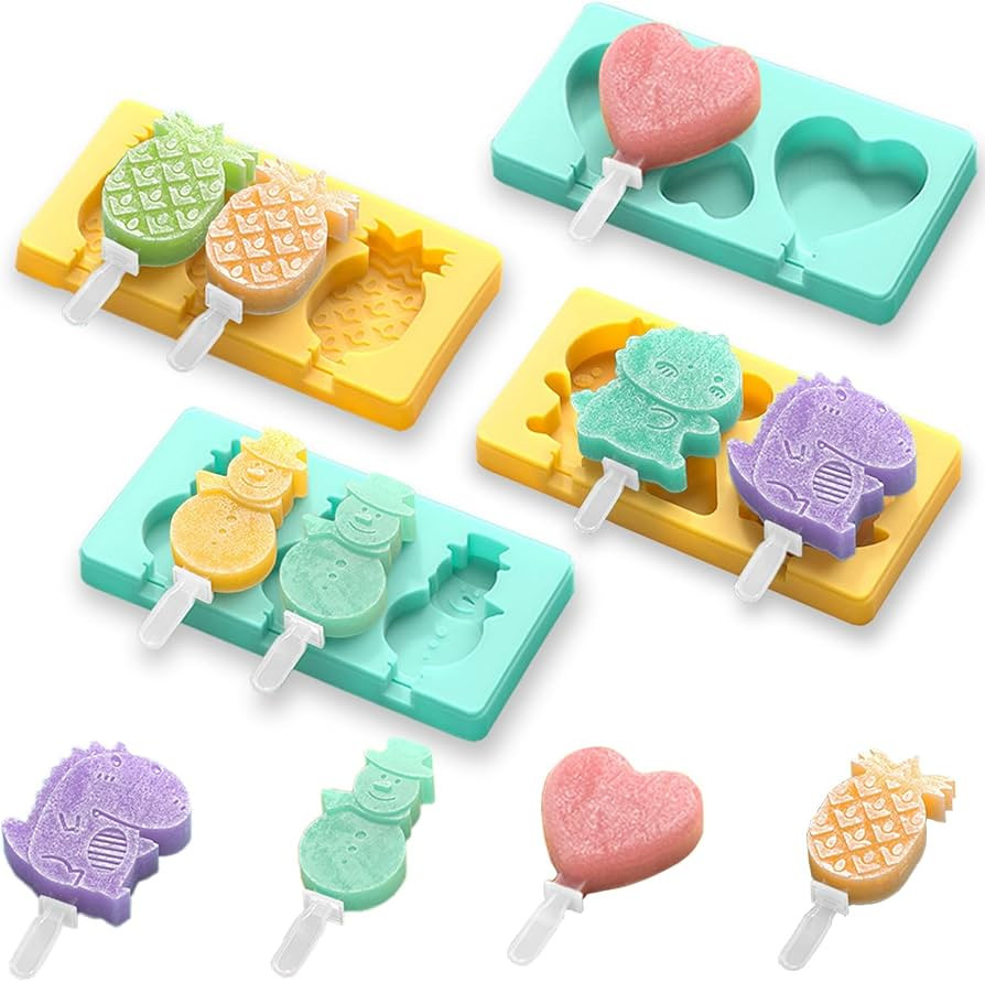 Kids Cartoon Popsicle Molds - 4 Pack, 10-Cavity Food-Grade Silicone Ice Pop Cream Molds, with Reu... | Amazon (US)