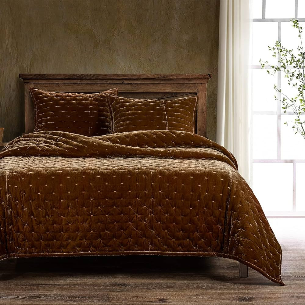 HiEnd Accents Stella Faux Silk Velvet Quilt, Super Queen Size, Copper Brown Solid Color, Romantic... | Amazon (US)