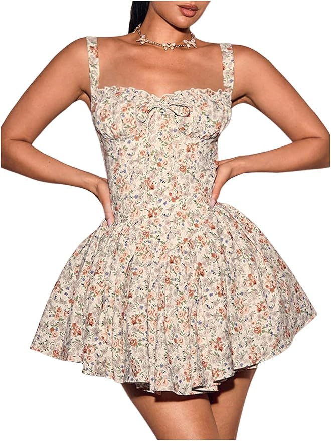 WDIRARA Women's Floral Print A Line Mini Dresses Bow Smocked Ruffle Hem Cami Dress | Amazon (US)