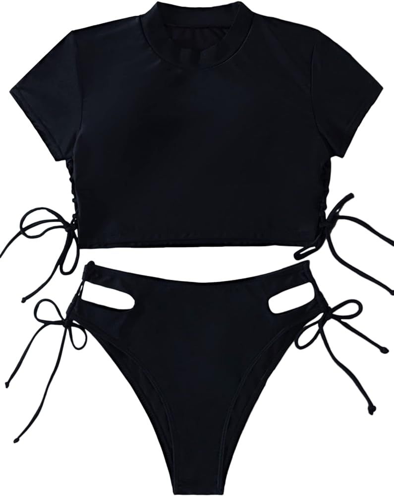 SweatyRocks Women's Short Sleeve Rash Guard Swimsuit Cut Out Tie Side 2 Piece Bathing Suit | Amazon (US)
