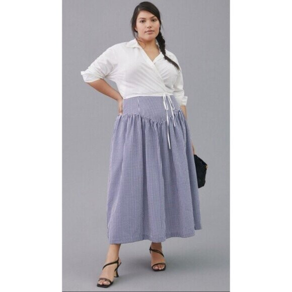 Anthropologie Hutch Skirt Midi Women High Waisted Blue Gingham Preppy Sz XL New | Poshmark