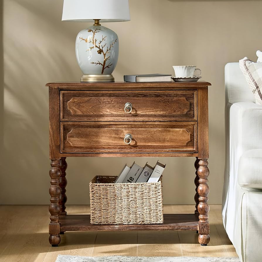 HULALA HOME Farmhouse Storage End Table with 2 Drawers and Open Shelf, Solid Wood Side Table with... | Amazon (US)