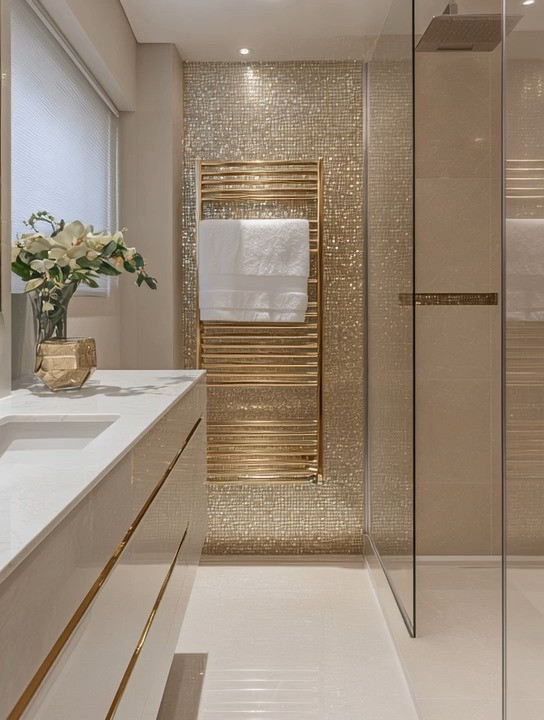 Bathroom refresh, but make it hotel-level luxury ✨

This gold towel warmer is not just functional—it’s a full-on statement piece. Extra-long, beautifully structured, and designed to hold multiple towels, it instantly transforms an everyday bathroom into a five-star hotel experience. Step out of the shower and wrap yourself in a warm towel—this is the kind of detail you notice in high-end hotels and wonder why you don’t have it at home.

Paired with gold mosaic tiles, clean marble surfaces, and glass shower panels, this towel warmer adds warmth, elegance, and that unmistakable hotel luxe feel. It’s practical, yes—but more importantly, it elevates the entire space visually. One upgrade, massive impact.

If you’re planning a bathroom refresh, this is the piece that changes everything. Luxury isn’t always about a full renovation—sometimes it’s about choosing one iconic element that does all the work.

#bathroomrefresh #hotelluxurybathroom #goldaccents #luxurybathroomdesign #towelwarmer #modernluxuryhome 

 #LTKHome